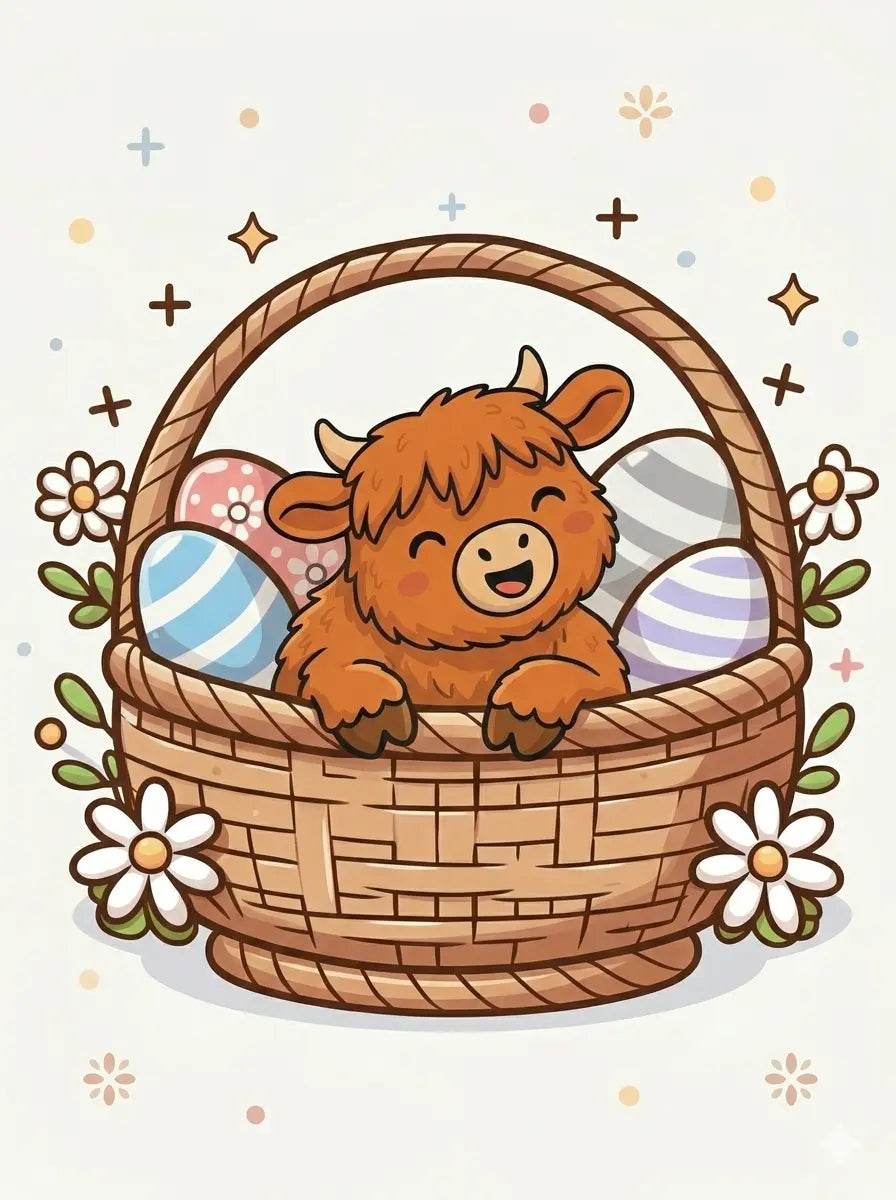 Image shows a McCuddles soft toy highland cow in a basket of easter eggs
