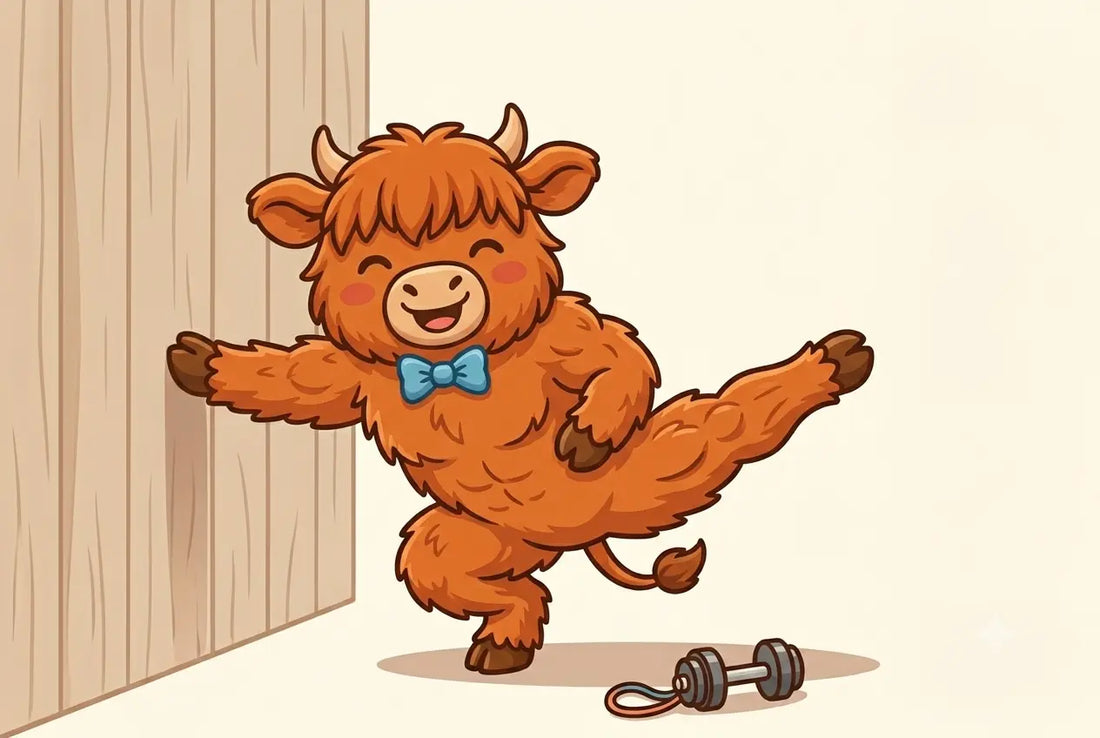 A muscular hunky cow is doing wall pilates.