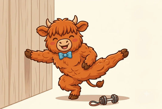 A muscular hunky cow is doing wall pilates.