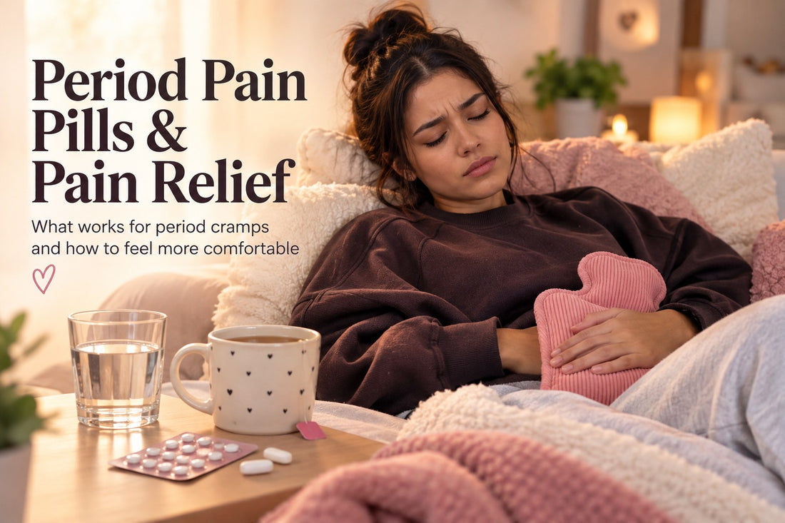 Woman resting with a hot water bottle, period pain pills and a warm drink for period pain relief.