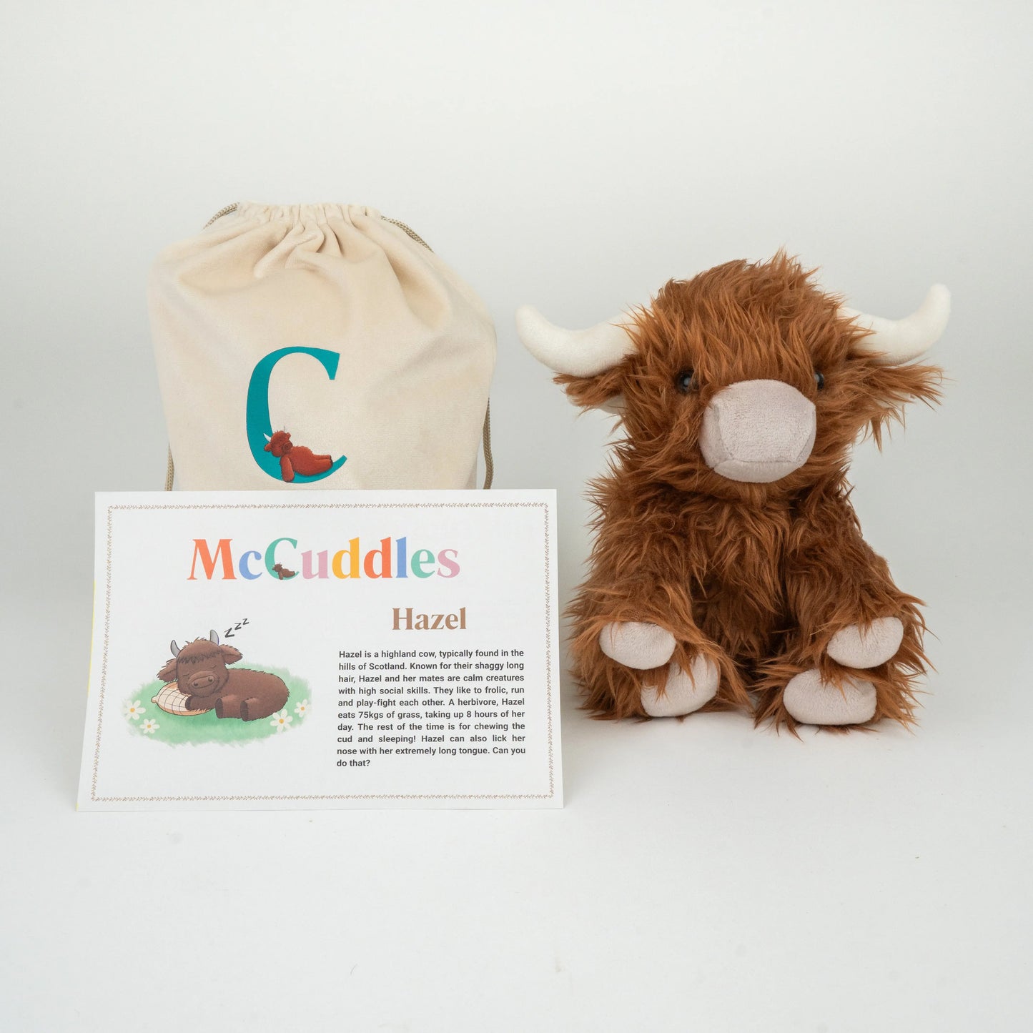 Plush toy Highland cow named Hazel with a drawstring bag and information card on a white background